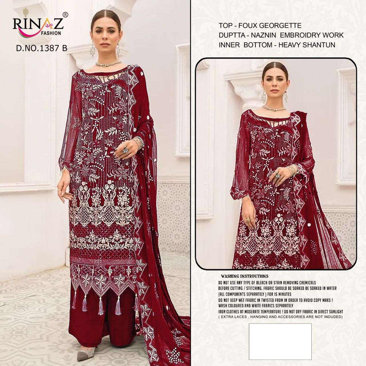 RINAZ 1387 COLOURS BY RINAZ FASHION 1387-A TO 1387-D SERIES BEAUTIFUL STYLISH PAKISTANI SUITS FANCY COLORFUL CASUAL WEAR & ETHNIC WEAR & READY TO WEAR FAUX GEORGETTE EMBROIDERY DRESSES AT WHOLESALE PRICE